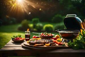 bbq on the table with vegetables and meat. AI-Generated photo