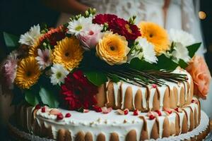 un Boda pastel con flores y un blanco Formación de hielo. generado por ai foto