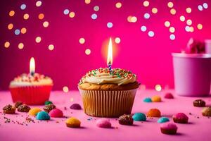 a cupcake with a lit candle on a pink background. AI-Generated photo