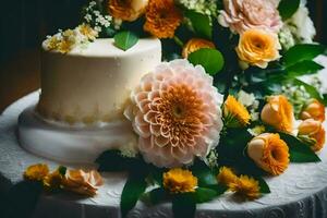 a wedding cake with orange flowers on top. AI-Generated photo