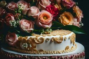 a wedding cake with pink and orange flowers. AI-Generated photo