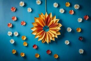 a colorful paper flower hanging on a blue wall. AI-Generated photo