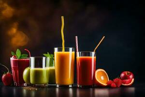 a variety of juices and smoothies on a dark background. AI-Generated photo