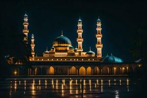 the mosque at night with its lights on. AI-Generated photo