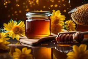honey and sunflowers on a dark background. AI-Generated photo