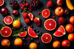 fresh fruits on a black background. AI-Generated photo