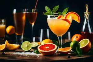 orange juice cocktail with orange slices and lime. AI-Generated photo