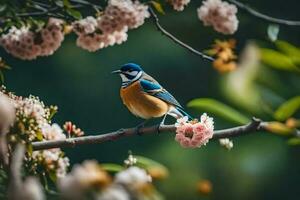 un azul y amarillo pájaro se sienta en un rama de un árbol. generado por ai foto