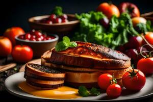 un plato de comida con un rebanada de un pan y Tomates. generado por ai foto