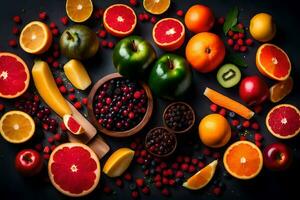 a variety of fruits and vegetables arranged on a black background. AI-Generated photo