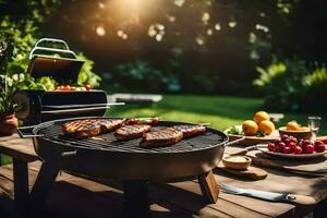 grilling meat on a grill in the garden. AI-Generated photo