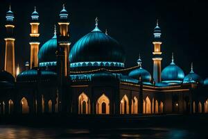 el mezquita a noche con azul luces. generado por ai foto