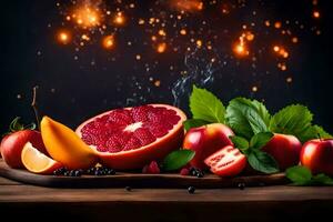 fresh fruits and berries on a wooden table with fireworks. AI-Generated photo