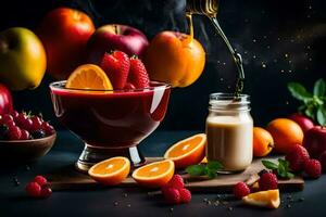 fruit juice being poured into a bowl of fruit. AI-Generated photo