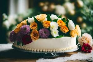 a white cake with colorful flowers on top. AI-Generated photo