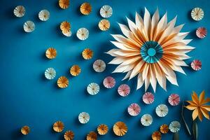a flower made of paper is on a blue wall. AI-Generated photo