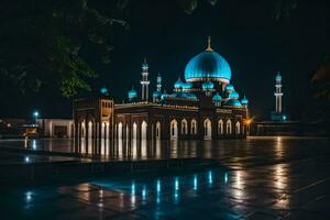 el mezquita a noche con azul cúpulas generado por ai foto