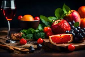 fruit and vegetables on a wooden cutting board. AI-Generated photo