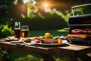 un parrilla con comida en eso y cerveza en el mesa. generado por ai foto