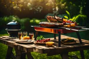 a barbecue grill with meat and vegetables on it. AI-Generated photo