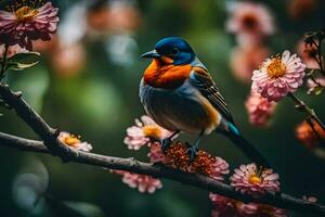 un vistoso pájaro se sienta en un rama con rosado flores generado por ai foto