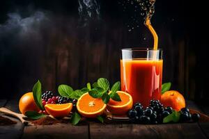 fresh juice with fruits and berries on a wooden table. AI-Generated photo