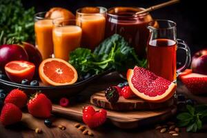 fresh fruits and juices on a wooden table. AI-Generated photo
