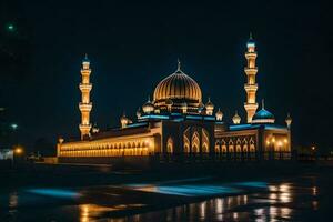 the mosque at night with lights on. AI-Generated photo