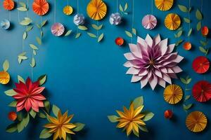 colorful paper flowers hanging from a blue wall. AI-Generated photo