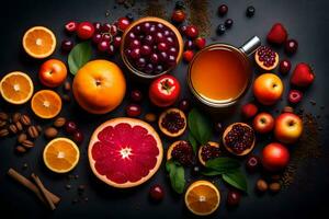 a variety of fruits and vegetables are arranged on a black background. AI-Generated photo