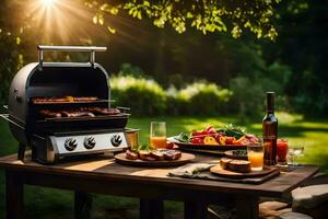 a grill with food on it in the garden. AI-Generated photo