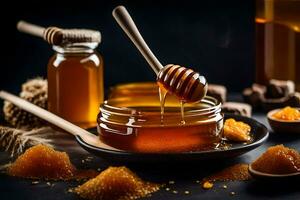 honey and honeycomb on a dark background. AI-Generated photo