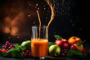 juice being poured into a glass with fruit and vegetables. AI-Generated photo