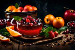 a bowl of fruit and berries on a table. AI-Generated photo