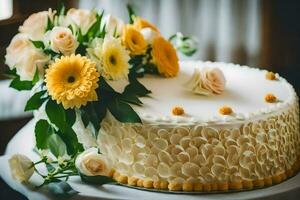 a white cake with yellow flowers on top. AI-Generated photo