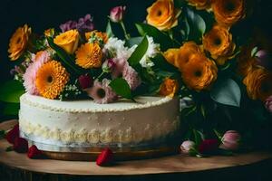 a white cake with flowers on top. AI-Generated photo