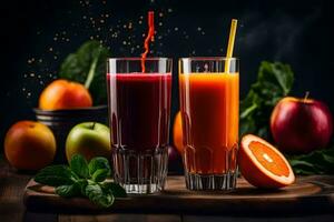two glasses of juice with oranges and apples. AI-Generated photo