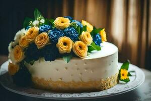 a white cake with blue and yellow flowers. AI-Generated photo