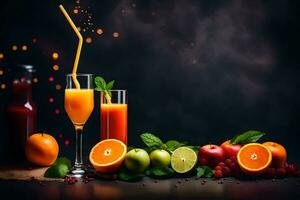 fresh fruit juice and juice in glasses on a dark background. AI-Generated photo