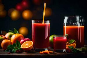 a glass of juice with oranges, apples and berries. AI-Generated photo