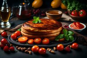 pancakes with tomatoes and herbs on a black plate. AI-Generated photo