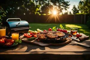 parrilla con carne y vegetales en un mesa. generado por ai foto