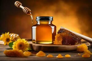 honey and sunflower oil on a wooden table. AI-Generated photo