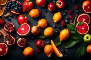 fresh fruits on a black background. AI-Generated photo