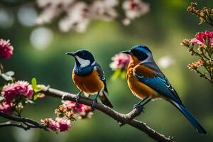 two birds sitting on a branch with flowers. AI-Generated photo