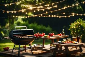 a barbecue grill on a table with food and drinks. AI-Generated photo
