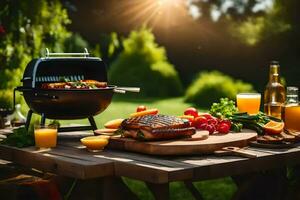 a barbecue grill with vegetables and fruit on a table. AI-Generated photo