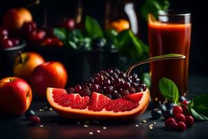 grapefruit juice and berries on a dark background. AI-Generated photo