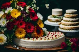 a wedding cake with flowers on a table. AI-Generated photo