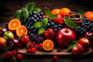 a variety of fruits and vegetables are arranged on a wooden table. AI-Generated photo